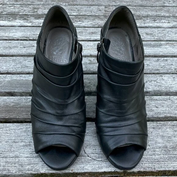 ✨Black Leather Peep-Toe Wedge Ankle Booties - Size 6M - Picture 10 of 14